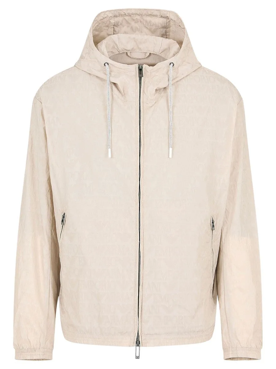 Blouson con cappuccio e zip in nylon light jacquard lettering all over