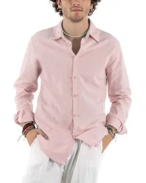 Camicia Uomo Con Colletto Slim Fit Lino Tinta Unita Maniche Lunghe Rosa GIOSAL-C2765A