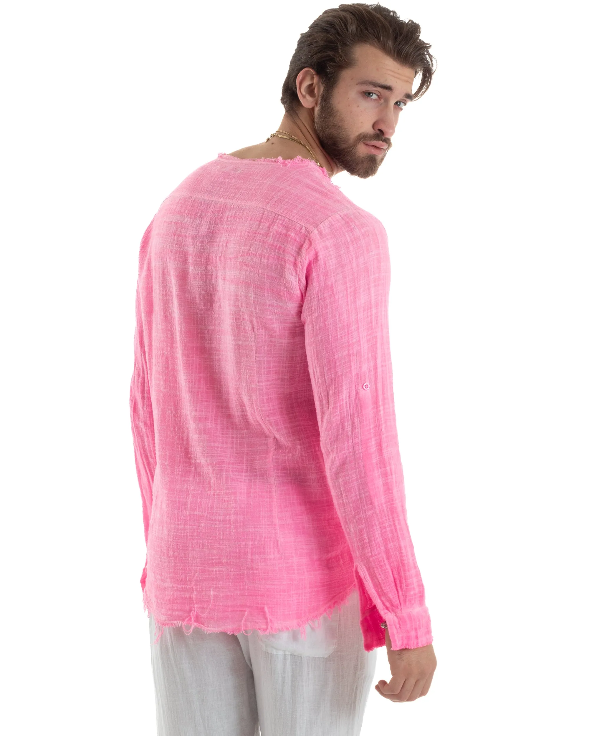 Camicia Uomo Sfrangiata Cotone Lino Manica Lunga Tinta Unita Fuxia Fluo GIOSAL-C2838A