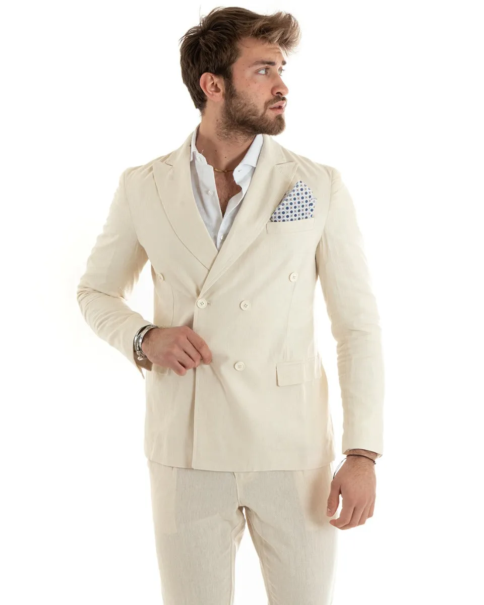 Giacca Uomo Doppiopetto Lino Tinta Unita Beige Sartoriale Cerimonia Elegante Casual GIOSAL-G3060A