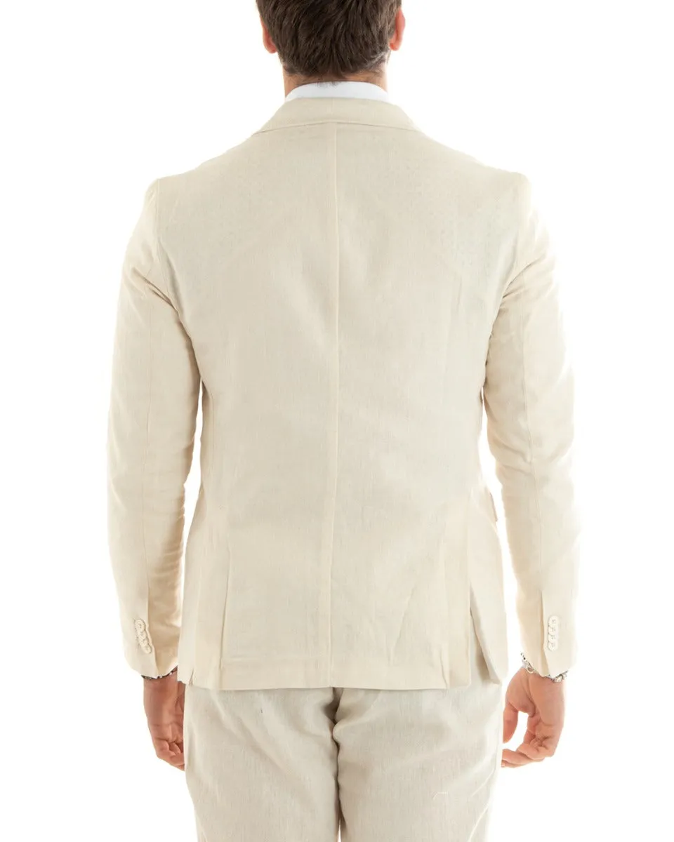 Giacca Uomo Doppiopetto Lino Tinta Unita Beige Sartoriale Cerimonia Elegante Casual GIOSAL-G3060A