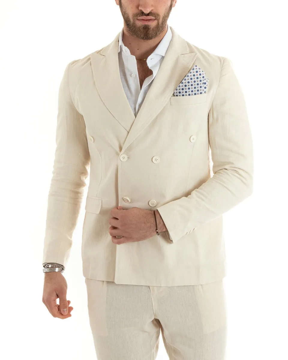 Giacca Uomo Doppiopetto Lino Tinta Unita Beige Sartoriale Cerimonia Elegante Casual GIOSAL-G3060A