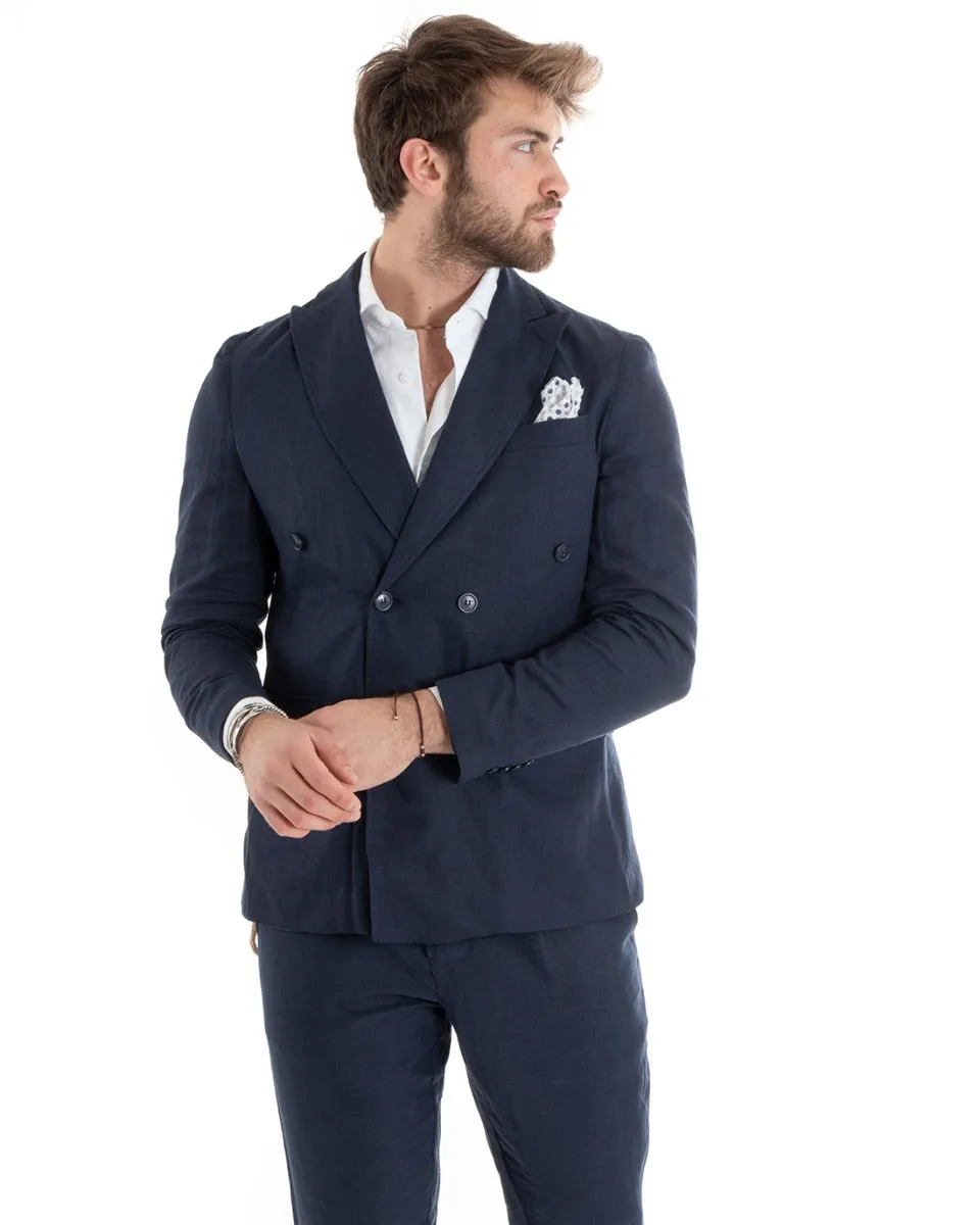 Giacca Uomo Doppiopetto Lino Tinta Unita Blu Sartoriale Cerimonia Elegante Casual GIOSAL-G3062A