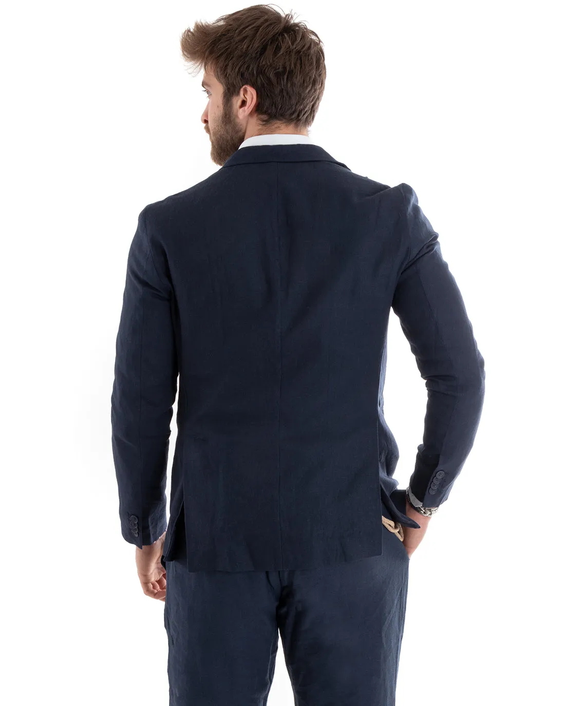 Giacca Uomo Doppiopetto Lino Tinta Unita Blu Sartoriale Cerimonia Elegante Casual GIOSAL-G3062A