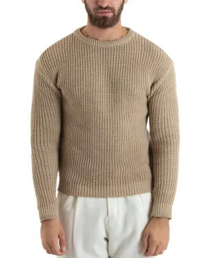 Maglioncino Uomo Girocollo Tinta Unita Beige Maglia Inglese Basic GIOSAL-M2745A