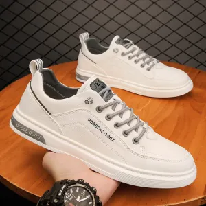 Men's Casual Leather Shoes | Versatile Thick-Soled Sports Sneakers | White Elastic Band Sneakers