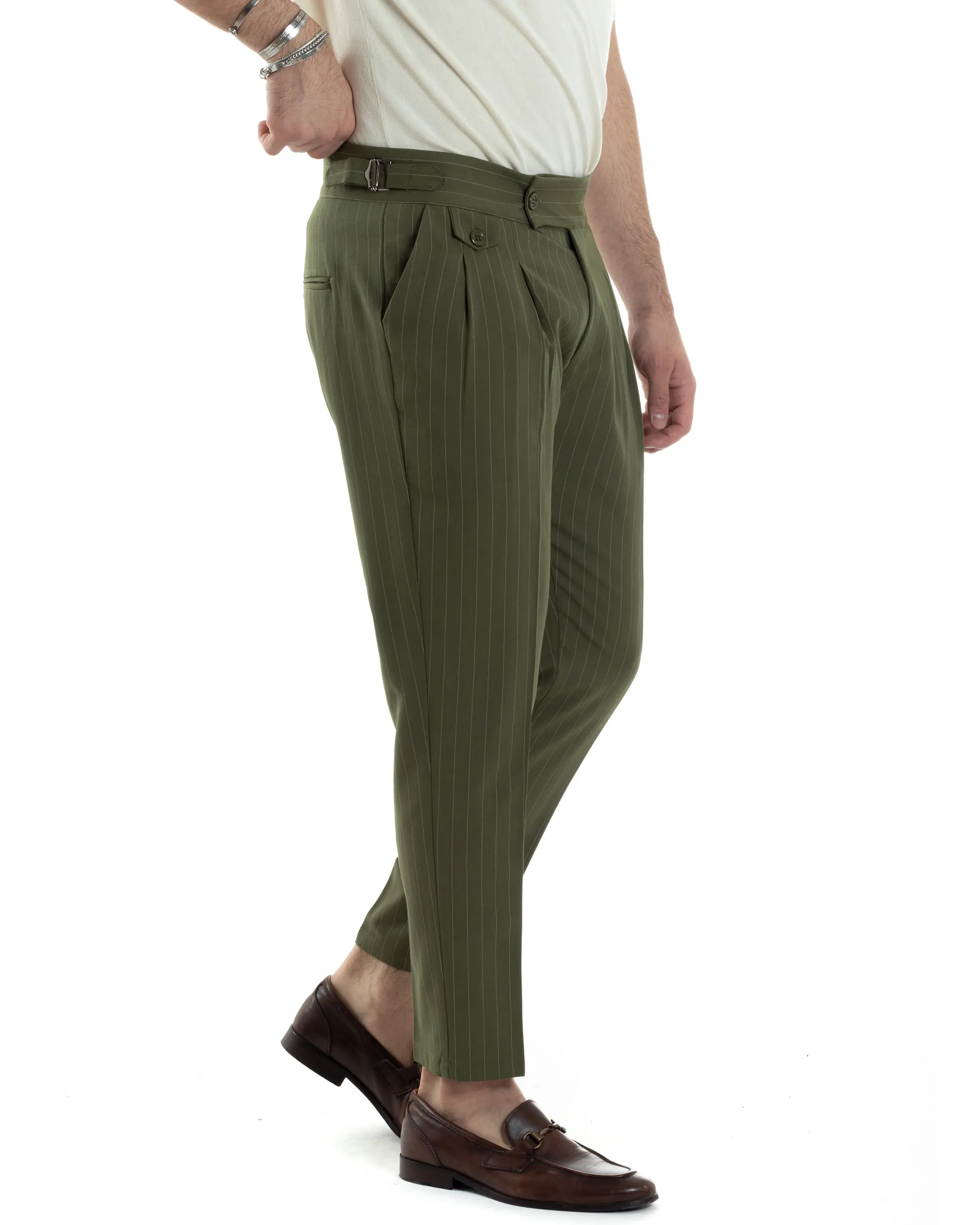 Pantaloni Uomo Classico Gessato Rigato Vita Alta Pinces Abbottonatura Allungata Fibbia Casual Verde GIOSAL-P6083A