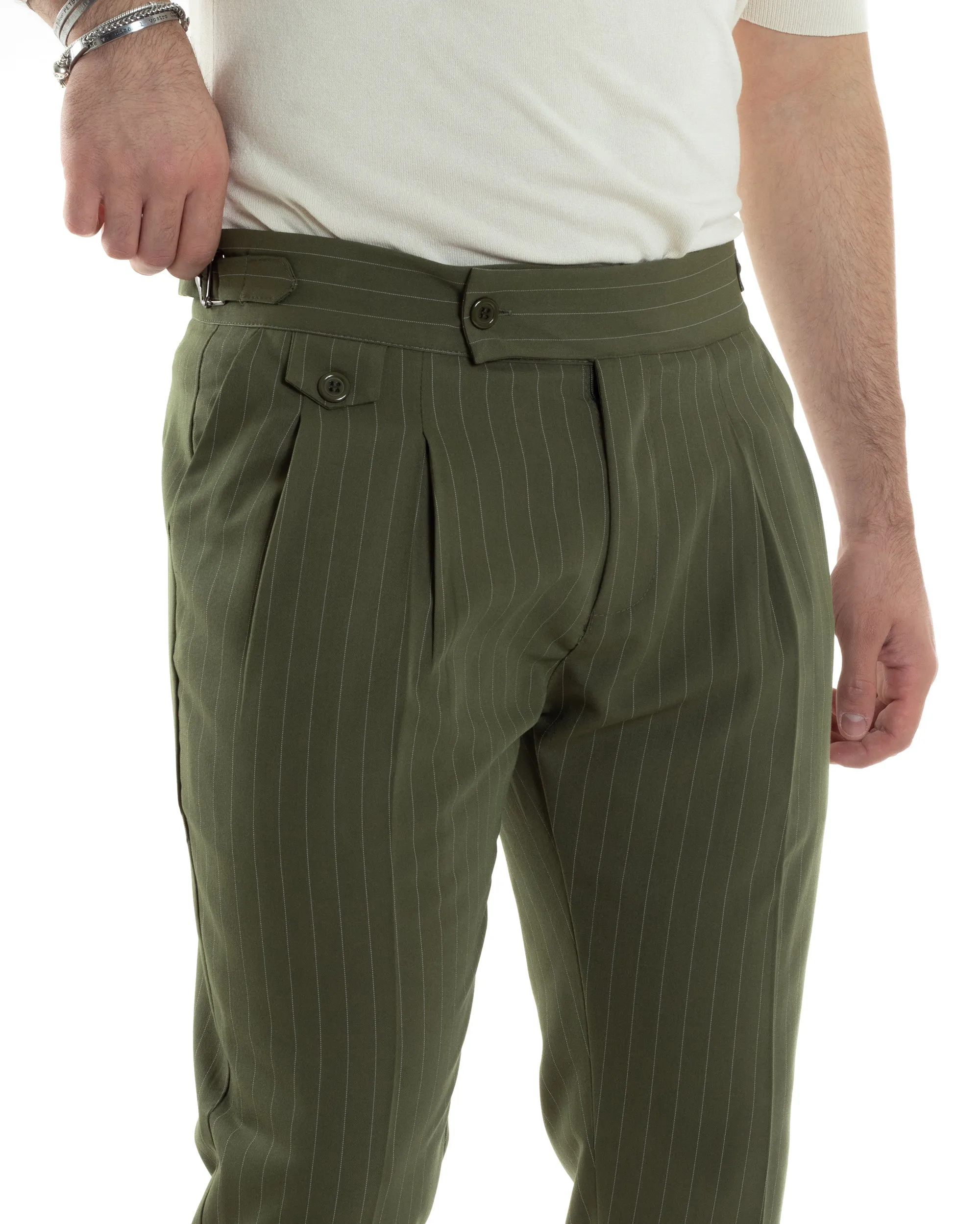 Pantaloni Uomo Classico Gessato Rigato Vita Alta Pinces Abbottonatura Allungata Fibbia Casual Verde GIOSAL-P6083A